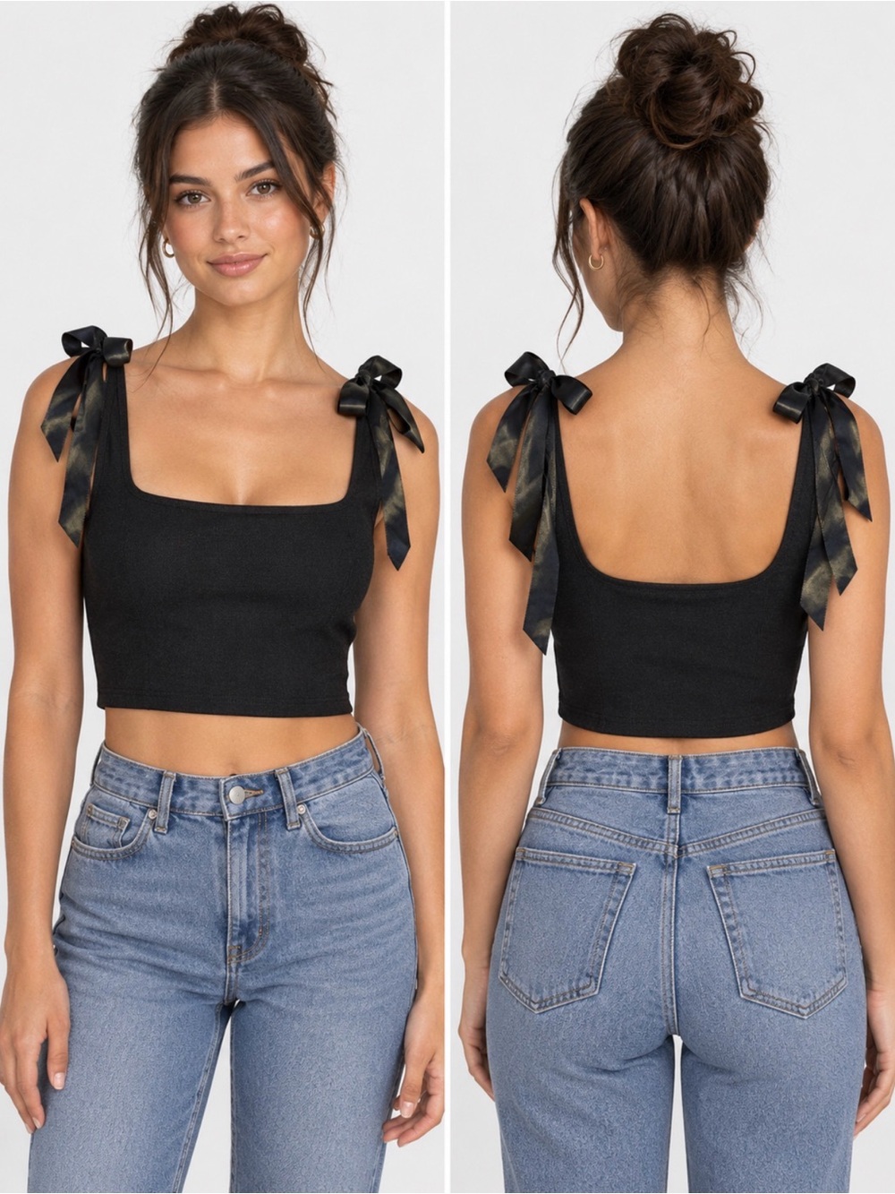 Altar'd State Black Ribbed Crop Top with Tie-Shoulder Ribbons